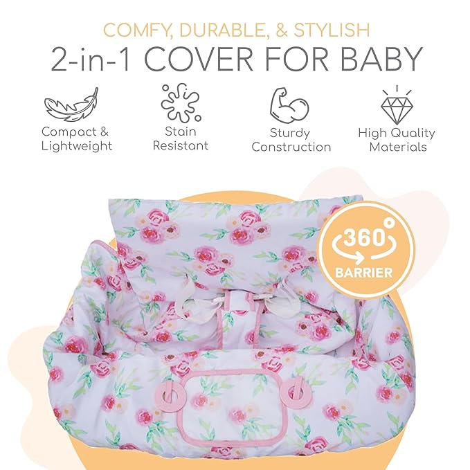 Binxy Baby 2-in-1 Cushy High Chair Cover and Shopping Cart Cover for Baby, Comfortable Cover for Grocery Cart, Universal Fit Cart Cover for Babies, Includes Storage Pouch - Full Bloom