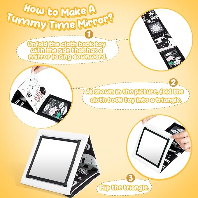 URMYWO Tummy Time Mirror Toys, Visual Stimulation Learning Cards, High Contrast Black and White Baby Toys for Newborn, Soft Baby Book for infant 0-12 Months, Baby Boy Girl Shower Gift Stocking Stuffer