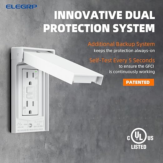 ELEGRP Outdoor GFCI Outlet with Cover, Weather Resistant GFCI Receptacle and Wall Plate, 15 Amp Self-Test GFI Electrical Outlet, Thinner Design Ground Fault Receptacle, UL Listed, Matte White, 2 Pack
