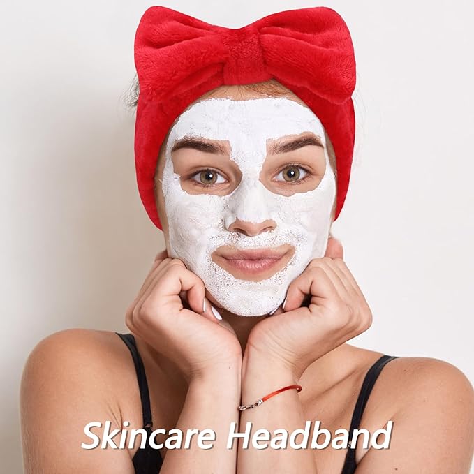 VELSCRUN Spa Headband, Makeup Face Wash Skincare Headbands, Bow Hair Band Party Favors for Washing Face, Stocking Stuffers For Women Teen Girls Christmas Gifts Hair Accessories Pink Red