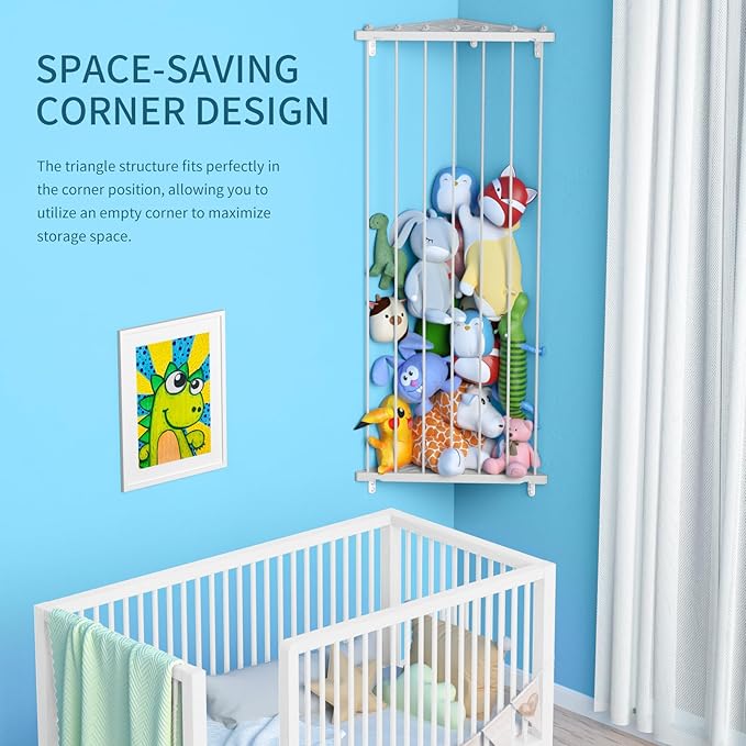 Stuffed Animal Storage Toy Organizer(Patented) - Large Corner Stuffed Animal Holder Length Adjustable - Wall Plush Storage for Nursery Playroom Bedroom Kids Room (Gray)