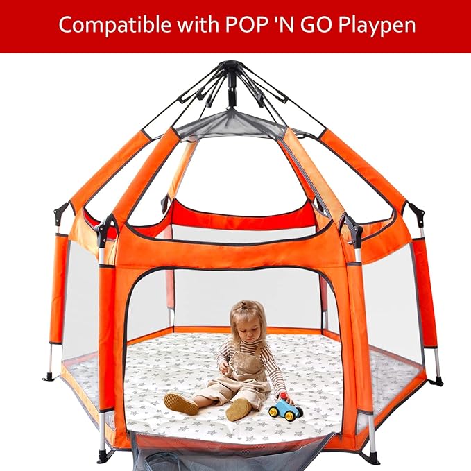 Hexagon Playpen Mat Compatible with POP 'N GO Baby Playpen, 59 Inch Hexagon Playpen Mattress Pad, Non Slip and Padded Play Mat White with Star Print