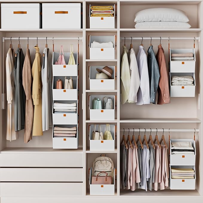 Homsorout Hanging Closet Organizer 4 Tier - Clothes Hanging Shelves, Space-Saving Closet System, Fabric Storage Bins Bedroom Organization, Collapsible Baskets for Home, Dorm, Rv, White, 2 Pack