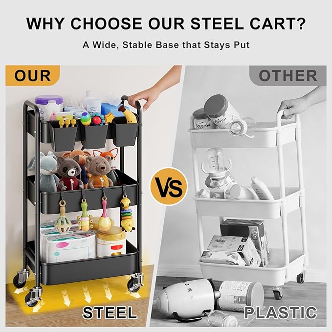 Baby Diaper Caddy Organizer and Storage, 3 Tier Rolling Cart with Wheels for Newborn Nursery Essentials, Baby Organizers for Changing Table, Crib, Bedroom, Movable Bedside Organizatio (Black)