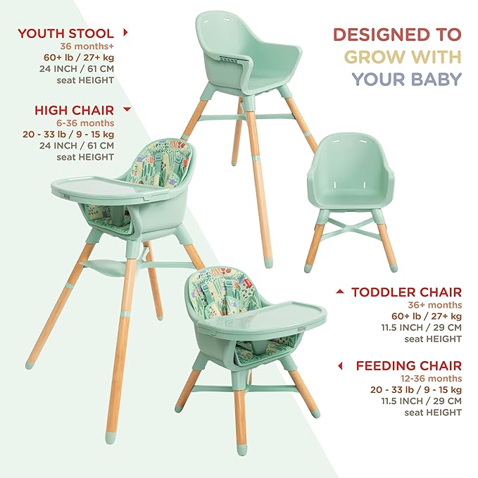 Nuby 4-in-1 Baby High Chair Seat with Removable Tray - 6+ Months to 3 Years - Adjustable Toddler Chair for Eating - Holds Up to 60 lbs - Green
