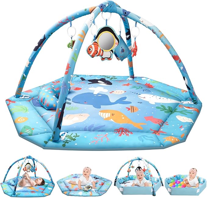 Baby Play Mat,Tummy Time Mat with 6 Detachable Toys-Activity Gym for Visual, Auditory & Motor Development-Washable Baby Activity Mat for 0-12 Month Infants(Ocean)