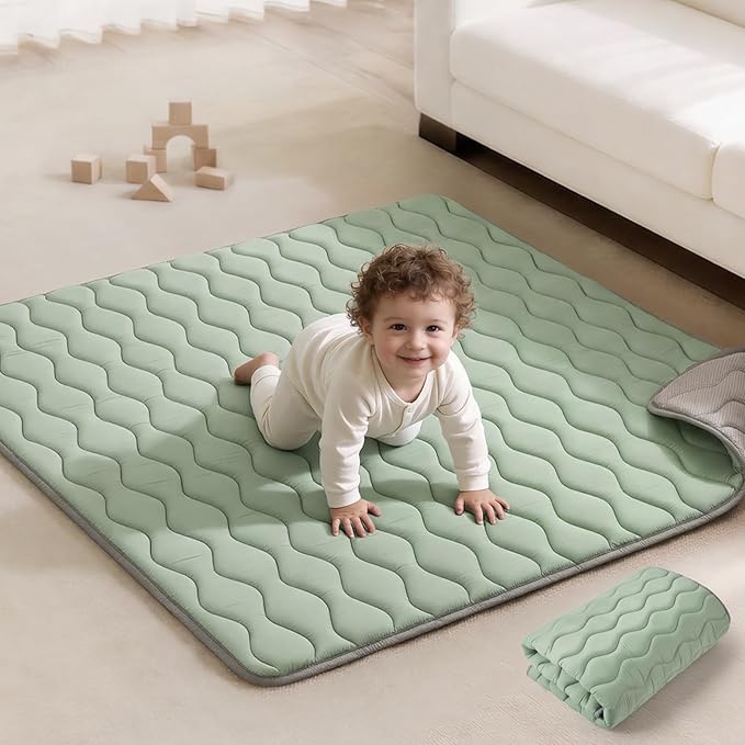Blissful Diary Portable Baby Play Mats for Floor, 43" X 43" Thicker Cushioned Foldable Baby Crawling Mat for Indoor Outdoor, Non-Slip & Washable Kids Playmat for Tummy Time Activity, Sage Green