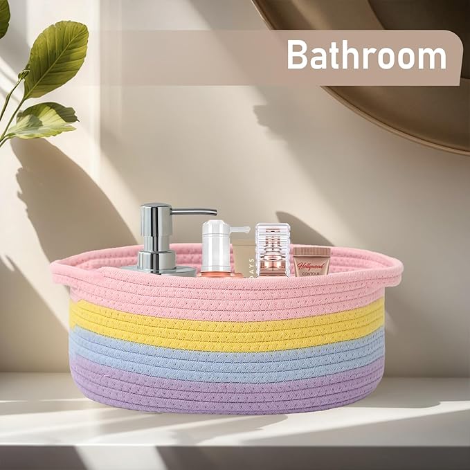 JMvicyroam Woven Basket,Small Rope Storage Bin with Handles & Ribbon Bag, Organizer for Shelves Closets,Gift Basket Empty for Birthday,Books,Dog Toys, Rainbow