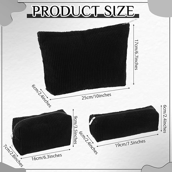 3 Pcs Makeup Bag Set for Women Corduroy Cosmetic Pouch Aesthetic Smile Travel Toiletry Bag Cute Purse Pouch Pencil Case Makeup Brushes Storage Organizer with Zipper(Black,Solid Style)
