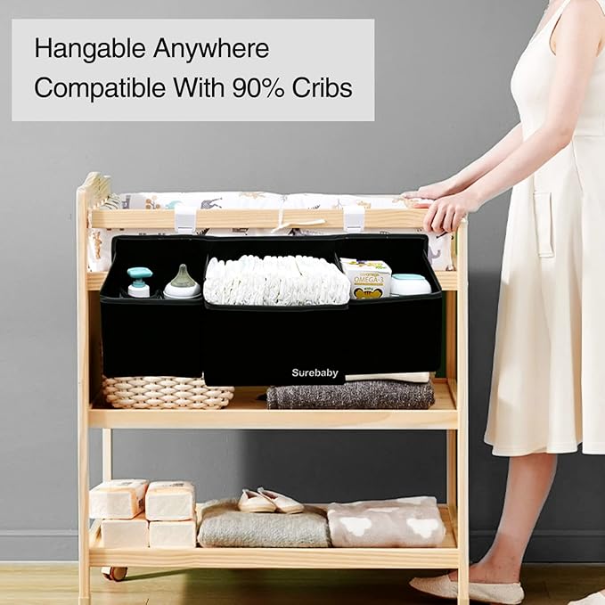 Hanging Baby Diaper Caddy, 3-in-1 Changing Table Diaper Organizer Holder For Baby Crib, Nursery Organization Diaper Stacker Storage For Crib, Changing Table-Black