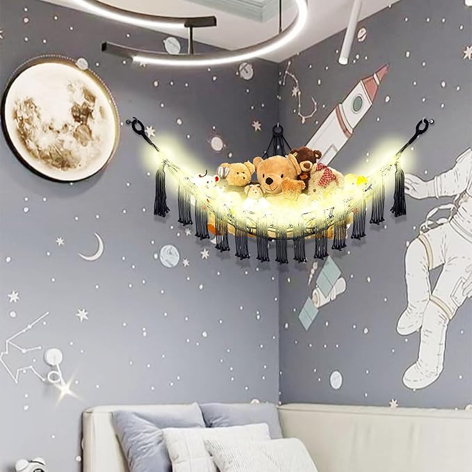 CERETIA Stuffed Animal Hammock with LED Light, Large Stuffed Animals Storage Corner Plushie Net for Kids Room Decor, Jumbo Black