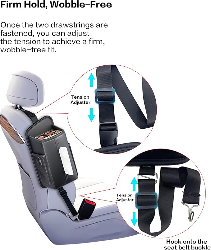 Car Tissue Holder for Front Seat, Headrest Organizer with 2 Side Mesh Pockets for Phones & Cards, tissue box cover square Fits 150 Tissues, Durable PU Leather