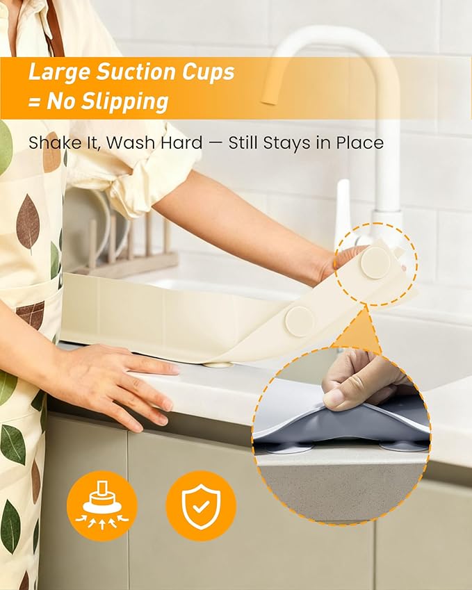 Kitchen Sink Splash Guard 23" Silicone Water Guard with Strong Suction Cups, Faucet & Countertop Protector, Bathroom & Sink Edge Splash Guard Strip, Easy Install, Dishwasher Safe-Cream