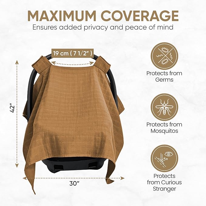 MOZAH Baby Car Seat Cover - Caramel Toffee - 100% Organic Muslin - Soft, Breathable and Lightweight, Baby Infant Car Seat Essentials