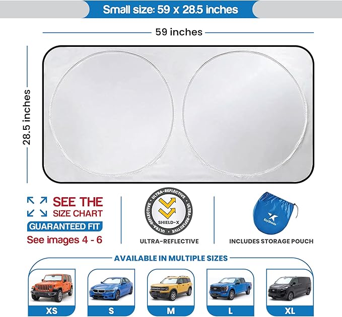 EzyShade Windshield Sun Shade with Shield-X Reflective Technology. See Vehicle Size-Chart. Foldable 1-Piece Car Sunshade for Front Windshield Window Car SUV. Sun Visor Heat Shield. Small (S) Size