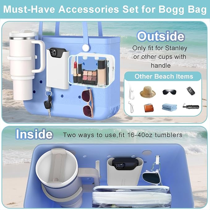 3 Packs Clear Bogg Beach Tote Bag with 2 Pack Insert Hooks Accessories for Bogg Bags Travel Makeup Clean Toiletry Brush Organizer Cosmetic Divider Storage Inner Pouch
