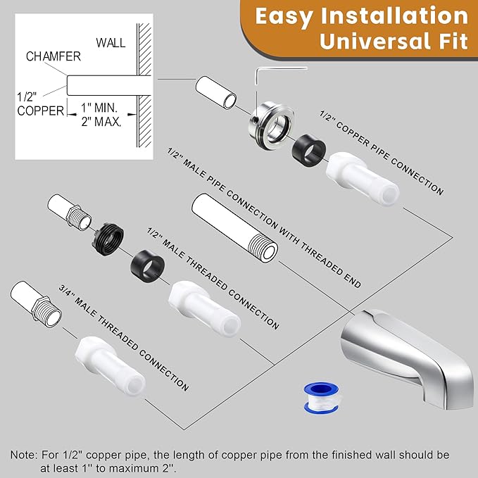 Dreyoo Tub Spout (Universal Fits 1/2" Copper Pipe, 1/2" IPS and 3/4" IPS), Bathroom Bathtub Faucet with Adapters and Hex Wrench(Chrome,Without Diverter)