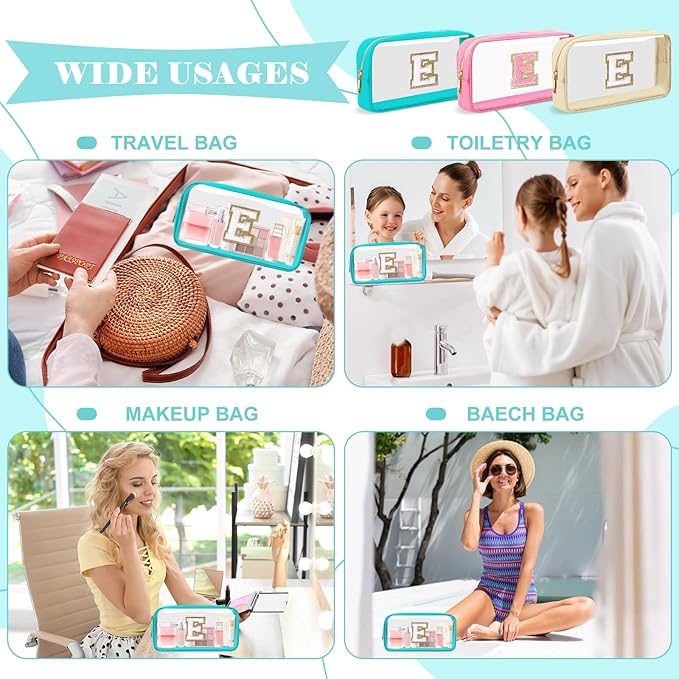 Personalized Initial Letter Clear Makeup Bag,Preppy Small Nylon&PVC Cosmetic Zipper Bag with Chenille Letter,Portable Beach Travel Skincare Toiletry Bag,Trendy Monogram Gift for Teen Girls Women,E