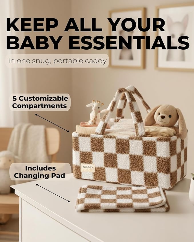 Toodly Checkered Diaper Caddy Organizer with Portable Changing Mat - Teddy Fleece Diaper Organizer for Changing Table - Caddy Organizer with Removable Dividers - Light Taupe and White