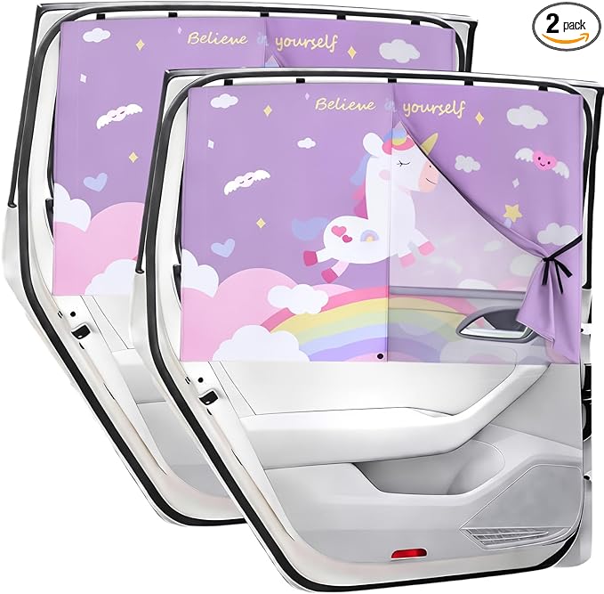 Car Window Shade for Baby, 2 Pack Magnetic Double Layer Cute Unicorn Car Shades for Side Windows, Adjustable Privacy Blackout/See-Through Window Curtains for Baby Kids UV Protection
