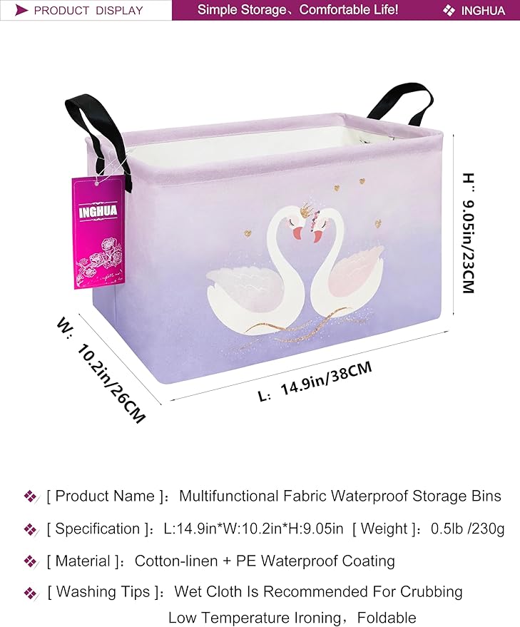 INGHUA Rectangular Storage Basket Fabric Organizer Bin for Toys,Books,Clothes,Gifts,Pets-Perfect for Home,Office,Nursery,Dorm,Shelf(Rec-Love Swans )