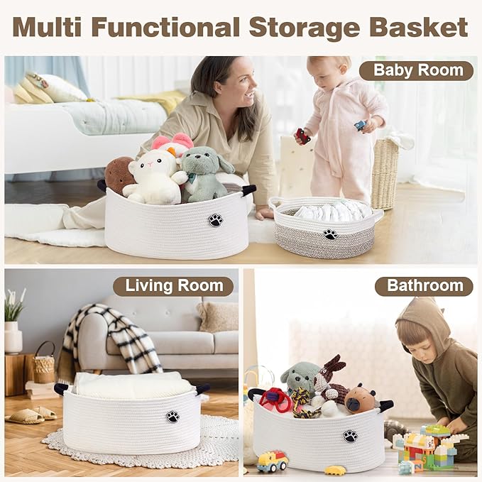 Dog Toy Basket, Toy Box and Bin for Dog Cat Storage, 19.7" X 11" X 7.9" (30L) Large Woven Basket for Blanket Storage, Rope Baskets for Living Room, Bedroom, White