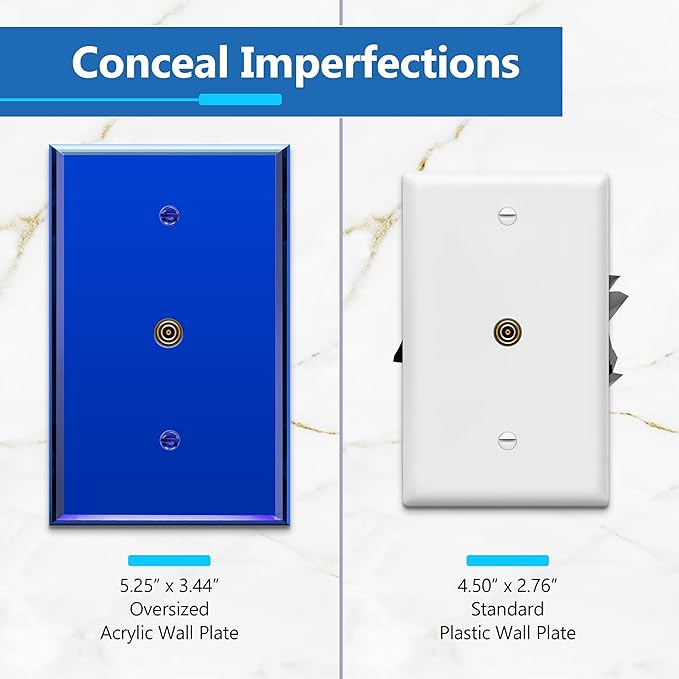 LIDER 0.406" Diameter Hole Wall Plate, Temperature/Impact Resistant, Mirrored, Plexiglass Multimedia Wire Cover, Acrylic glass, Reflective Finish, Modern, Oversized 1-Gang 5.25" x 3.44", Blue, 5 Pack