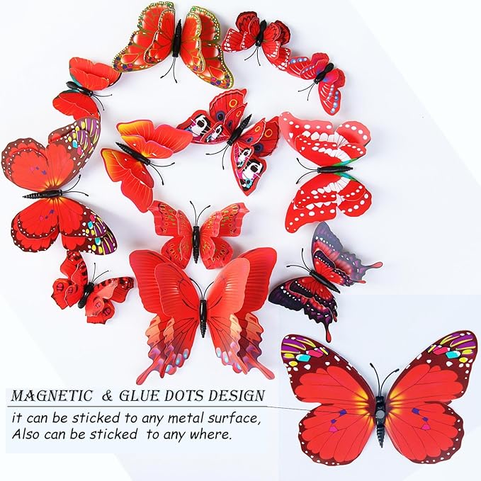 OPSEAM Butterfly Wall Decor 24/48 PCS, 3D Butterflies Stickers for Party Decorations with Magnets (Red, 24)