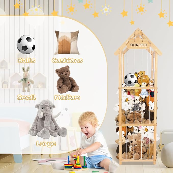 HOMIEE Stuffed Animal Storage Organizer, Wood Stuffed Animal Zoo Toy Holder for Playrooms, Bedrooms, Nursery Room