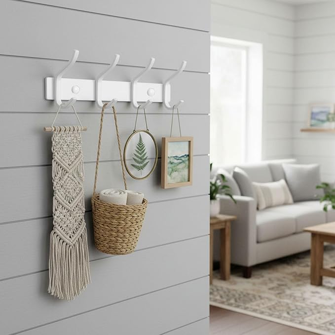 HAMUTH White Wall Hooks Heavy Duty, 12 Inch Coat Hooks Wall Mount with 4 Hooks, 2 Packs Wall Hooks Hangers for Entryway, Bathroom - for Hanging Backpack, Bag, Coat, Purse, Hat, Towel, Clothes