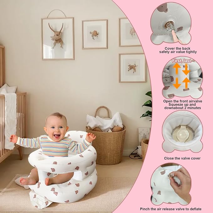 Inflatable Baby Seat for Babies 3-36 Months, Baby Chair with Fence & Built in Air Pump, Blow Up Floor Baby Seat with Back Support, Inflatable Baby Chair Sit Me Up for Home, Travel (Bear)