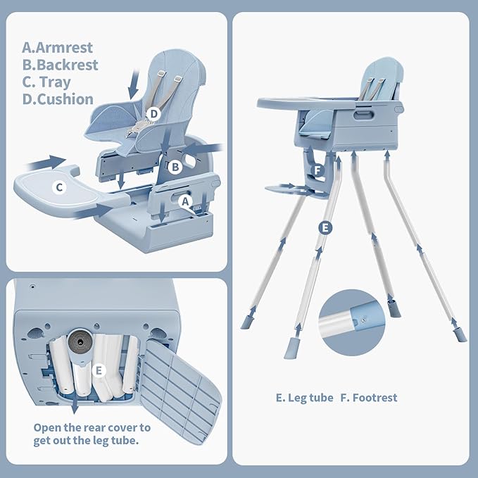3 in 1 Convertible High Chairs for Toddlers 1-3 Baby Feeding Chair with Tray Wipeable Infant Highchair Sit Up High Chair for Babies and Toddlers with 5-Point Safety Harness & Cushion Blue