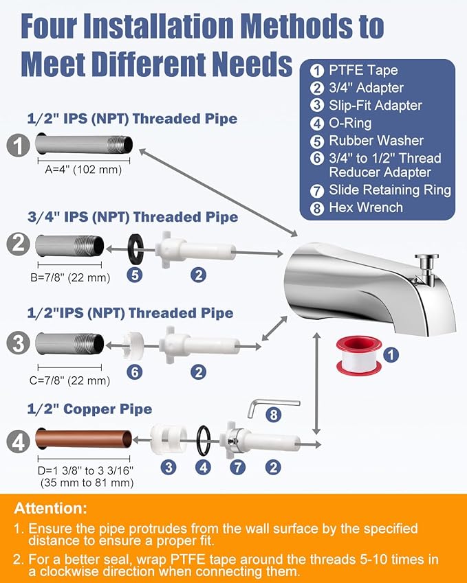Universal Bathtub Tub Spout with Diverter, Fits 1/2" Slip-Fit Copper Pipe and 1/2" IPS & 3/4" IPS Thread Connections, Bathroom Tub Faucet Replacement with Adapters, PTFE Tape and Hex Wrench (Chrome)