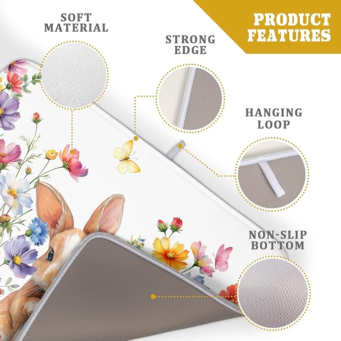 Spring Easter Rabbit Egg Dish Drying Mat for Kitchen Counter,Colorful Flowers Butterfly Drying Mat 18 x 24 Inch with High Absorbent Microfiber Drainer Mat for Coffee Bar