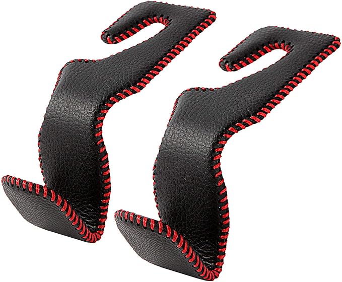 Car Headrest Hook, Leather Vehicle Back Seat Hanger Storage for Purse Groceries Bag and More, Black&Red, Pack of 2