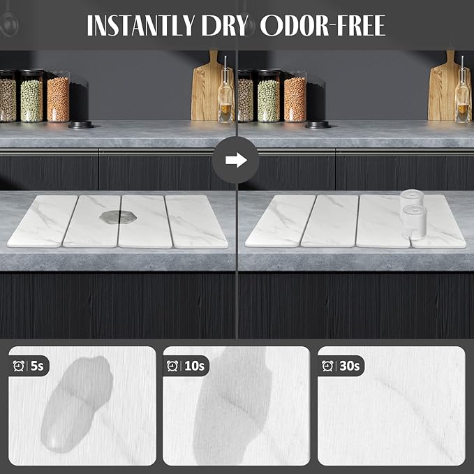 Large Stone Dish Drying Mats for Kitchen Counter, 24"(L)×16"(W) Marble Quick Dry Collapsible Dish Drying Mat, Eco-Friendly Absorbent Diatomaceous Earth Mats for Dishes Cups, Match Any Countertop