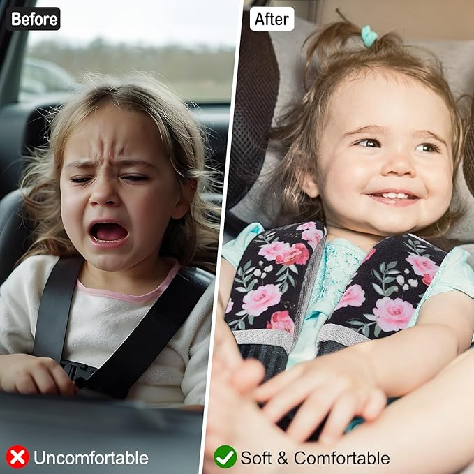 Seat Belt Cover Pad for Baby, Soft Seatbelt Cushion Covers for Kids 2Pcs Car Seat Strap Shoulder Pads for All Car Seats, Stroller, High Chair,Black Flower
