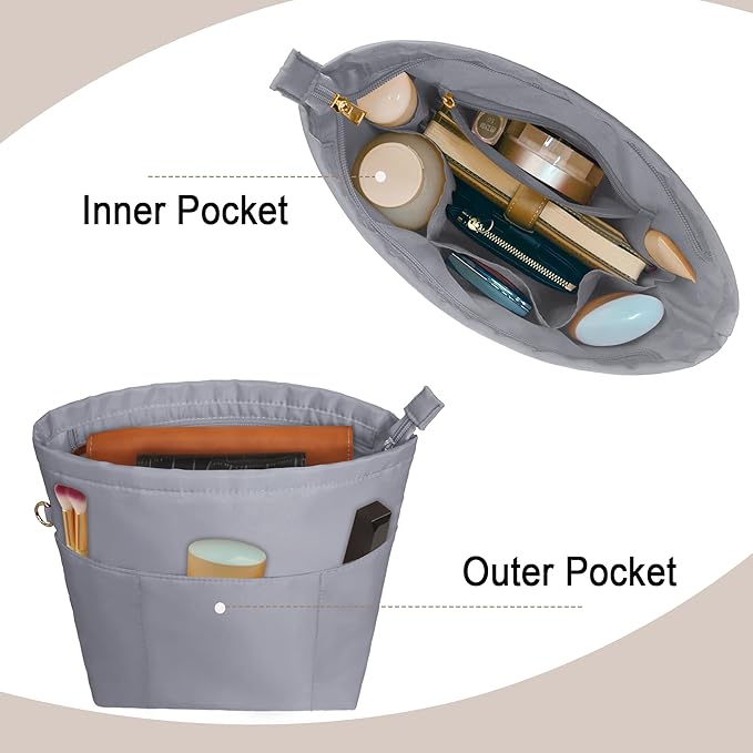 Vercord Purse Insert Organizers for Petite Tote Bag Organizer Insert Inside Handbag Shaper with Zipper Light Grey