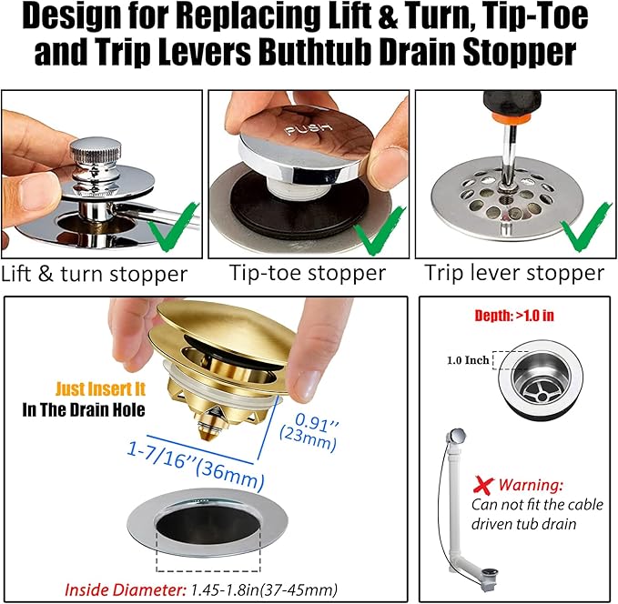 Bathtub Drain Stopper, Pop Up Tub Stopper and Cover, Bottom with Hair Catcher, Universal for 1.45 to 1.8in Drain, Replaces Old Drain Plug, Brushed Gold