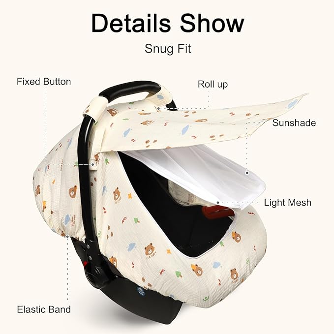 Hooyax Muslin Car Seat Cover Baby - Breathable and Privacy Car Seat Canopy with 3 Modes - Easy Install & Gift Box Packaging, Universal Fit for Infant Car Seats, Bear