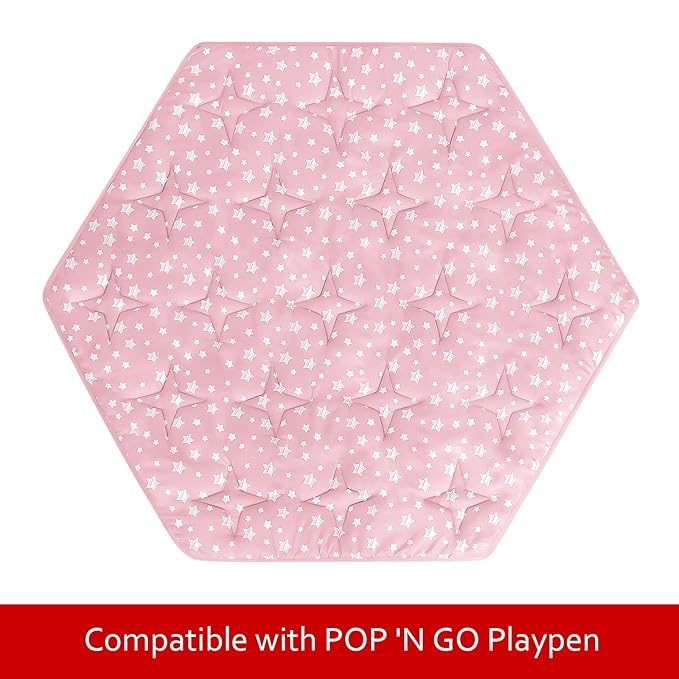 Hexagon Playpen Mat Fits POP 'N GO Baby Playpen, 59 Inch Hexagon Playpen Mattress Pad, Non Slip and Padded Play Mat Pink with Star Print