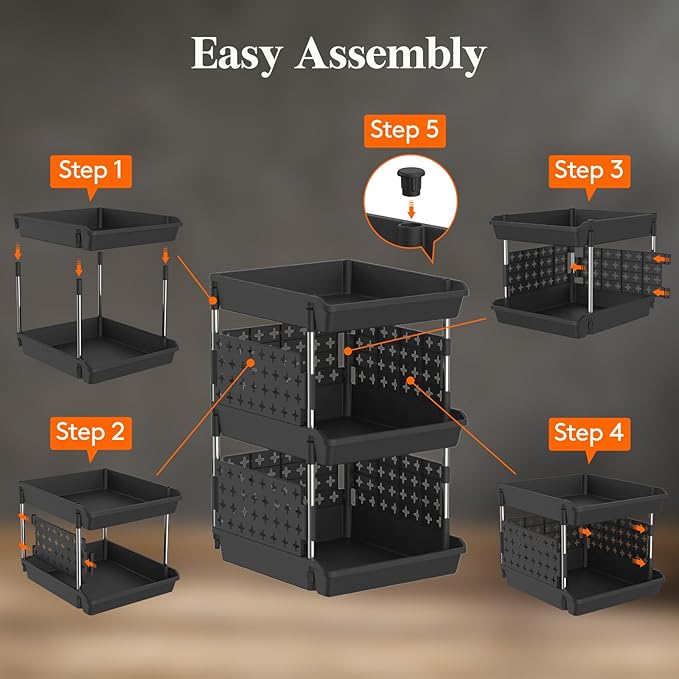 Lifewit Plastic Stackable Storage Baskets, 3 Tier Stacking Bins for Food and Clothes, Multifunctional Organizer for RV, Kitchen, Playroom, Pantry, Black, 35 x 30 x 50 cm/14 x 12 x 20 inch, 2 Pack