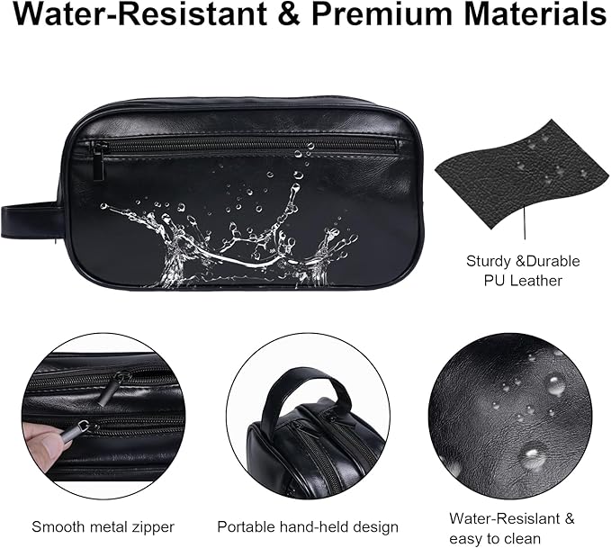Mens travel toiletry bag, Gift For Men，PU Leather Water Resistant Cosmetic Bag Dopp Kit Shaving Pouch with Large Capacity for Toiletries Accessories(Black)