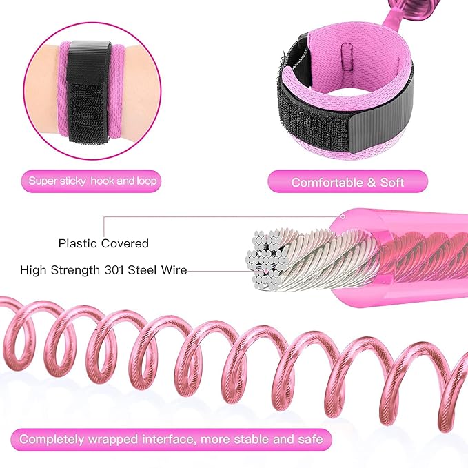 Anti Lost Wrist Link for Toddlers, Safety Toddler Leash, Child Leash, Wrist Leash for Babies and Kids, Children's Safety Wristband for Outdoor, Family Travel(8.2ft/2.5m, Pink)