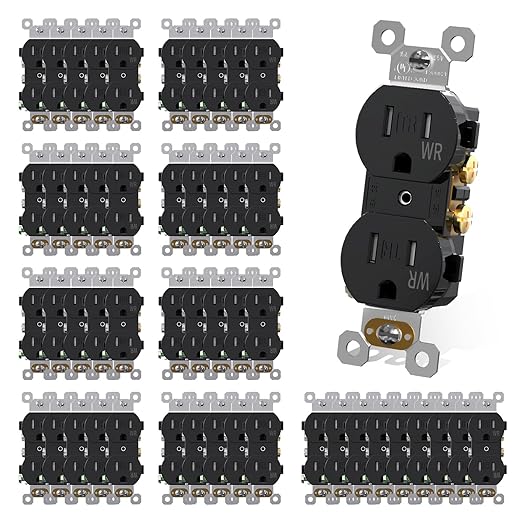 AIDA Duplex Receptacle Outlet, Tamper Resistant & Weather Resistance Outlets, Residential, 3-Wire, Self-Grounding, 15Amp 125V, UL Listed, Black (50 Pack)