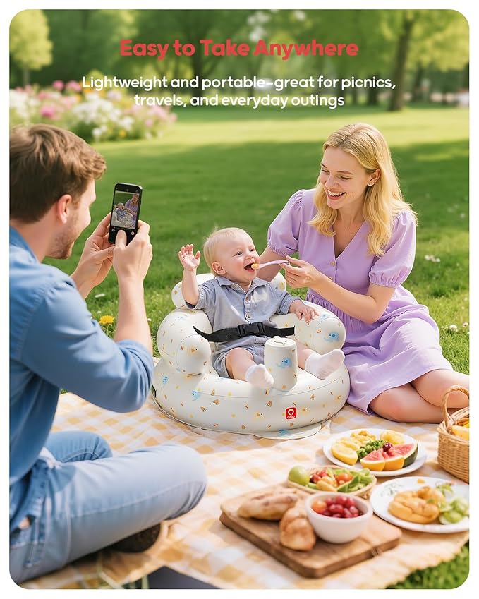 QPAU Inflatable Baby Seat with Safety Harness for Babies 3 Months & Up, Baby Floor Seats for Sitting Up, Baby Seats for Infants, Blow Up Baby Chair with Built in Air Pump (Elephant)