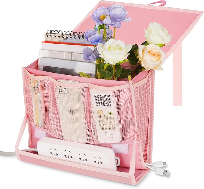 Retyion Bedside Caddy Bedside Storage Organizer Bedside Organizer with Power Strip Holder and 2 Adjustable Straps for Home Bunk Bed Dorm Sofa (Pink)