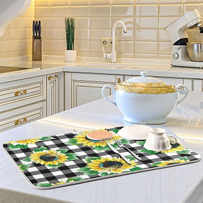 Absorbent Dish Drying Mat for Kitchen Counter - Sunflower Lattices Vintage Microfiber Drying Pad, Reversible Drainer Mats for Countertop, Small 16" x 18"