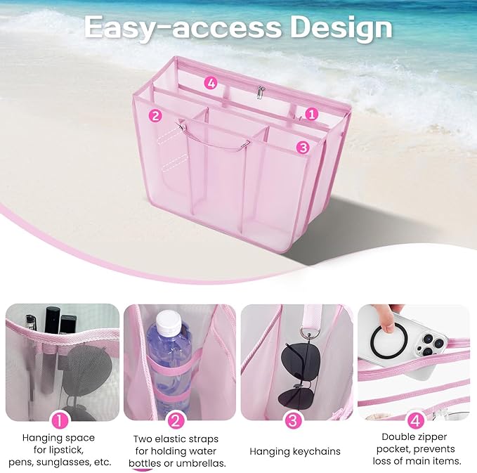 XYFuuee Beach Bag Organizer Insert for XL Simple Modern Bag Accessories, with 8 Removable Metal Fasteners, Extra Large Lightweight Mesh Inserts Divider Pouch, Organizing Rubber Tote, Save Space, Pink