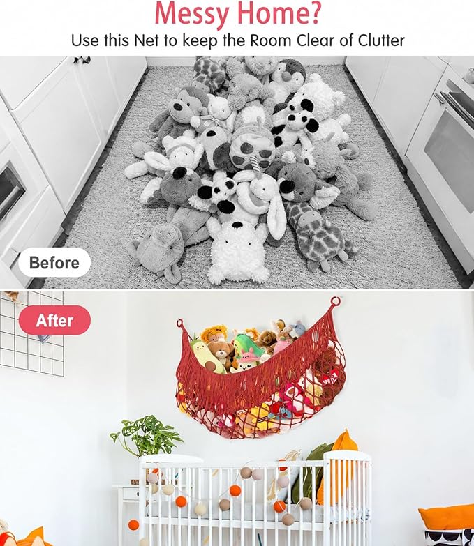 Stuffed Animal Hammock - Extra Large 63'' Long, Stuffed Animal Storage, stuffed animal Holder net, Hammock Large, Storage Hanging Organizer - Red